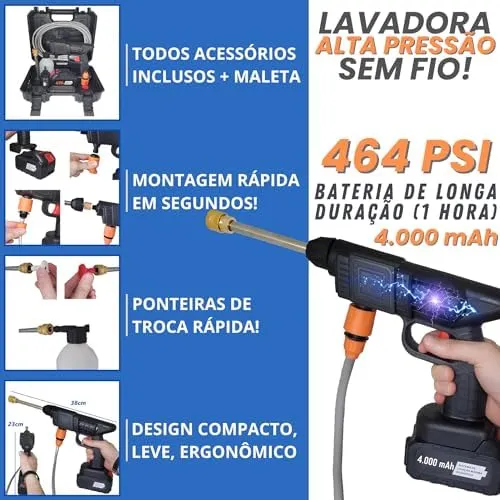 Lavadora Alta Pressão Lava Jato Portátil Sem Fio Recarregável Bivolt 127V 220V Limpeza Casa Apartamento Lavagem Carro Moto Split Preta Com Matela - Imagem 2 - Lavadora de Pressão