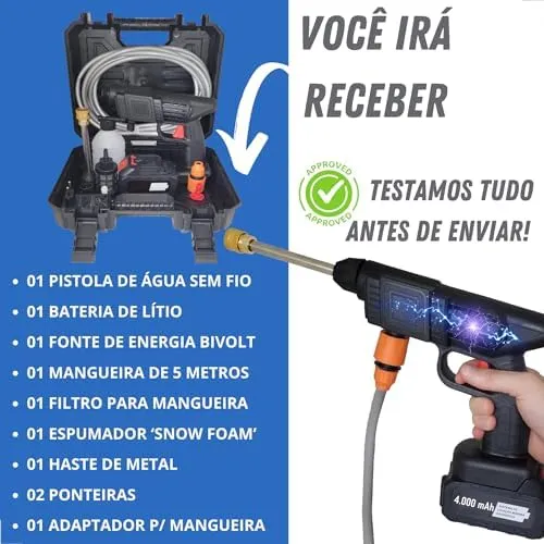 Lavadora Alta Pressão Lava Jato Portátil Sem Fio Recarregável Bivolt 127V 220V Limpeza Casa Apartamento Lavagem Carro Moto Split Preta Com Matela - Imagem 4 - Lavadora de Pressão