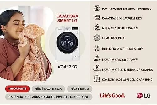 Lavadora Smart LG VC4 13kg Branco com Inteligência Artificial AIDD™ - FV5013WC4 - Motor Inverter - Imagem 4 - Lavadora de Pressão